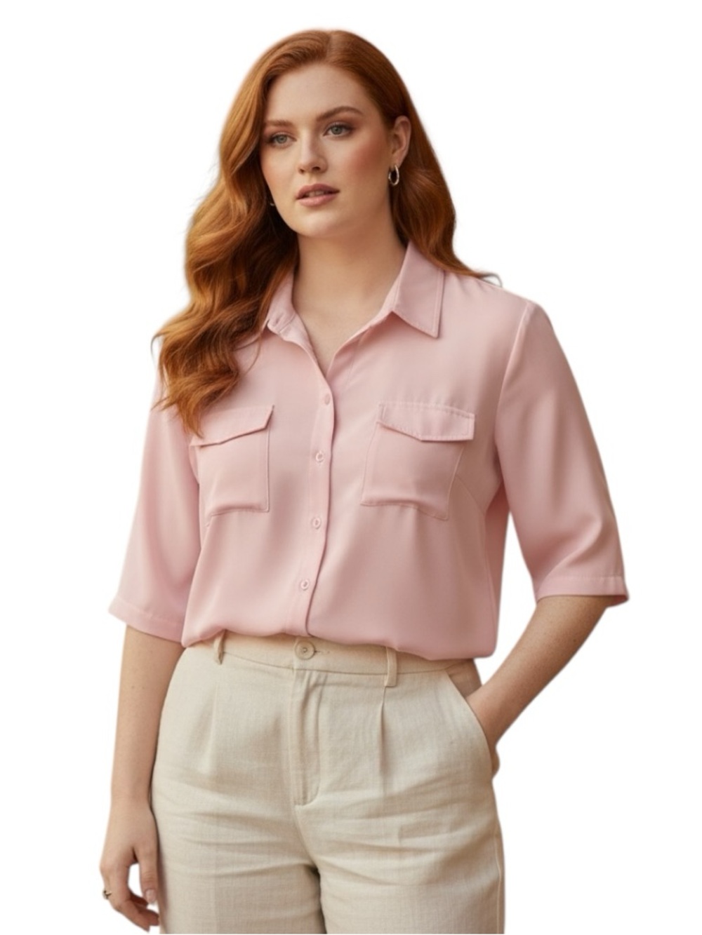 Susan Graver Plus Size Blush Pink Short‑Sleeve Button Down Shirt 2X
